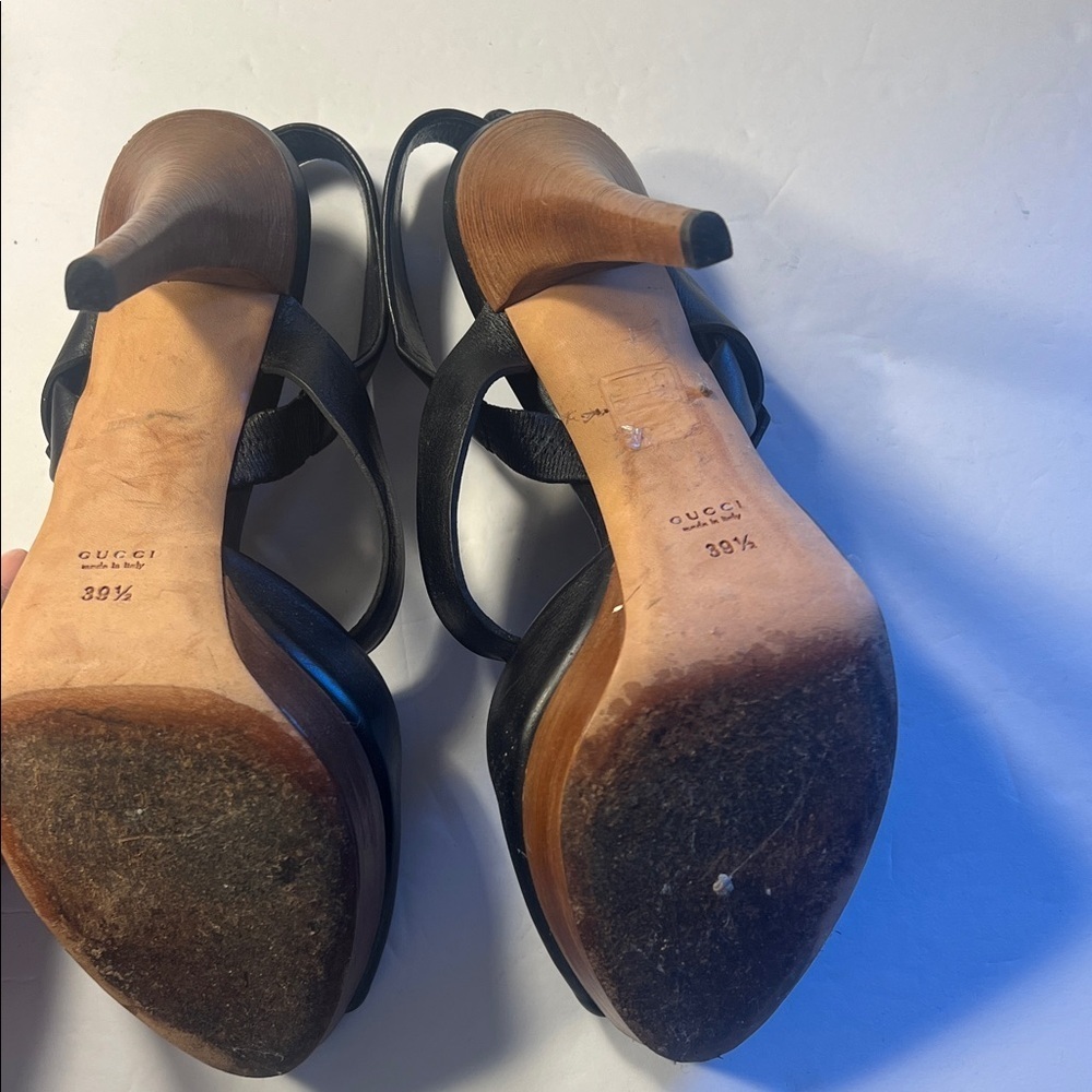 GUCCI GG Running Black Leather Platform Heels wood platform stacked heel sz 39.5 - Picture 13 of 16